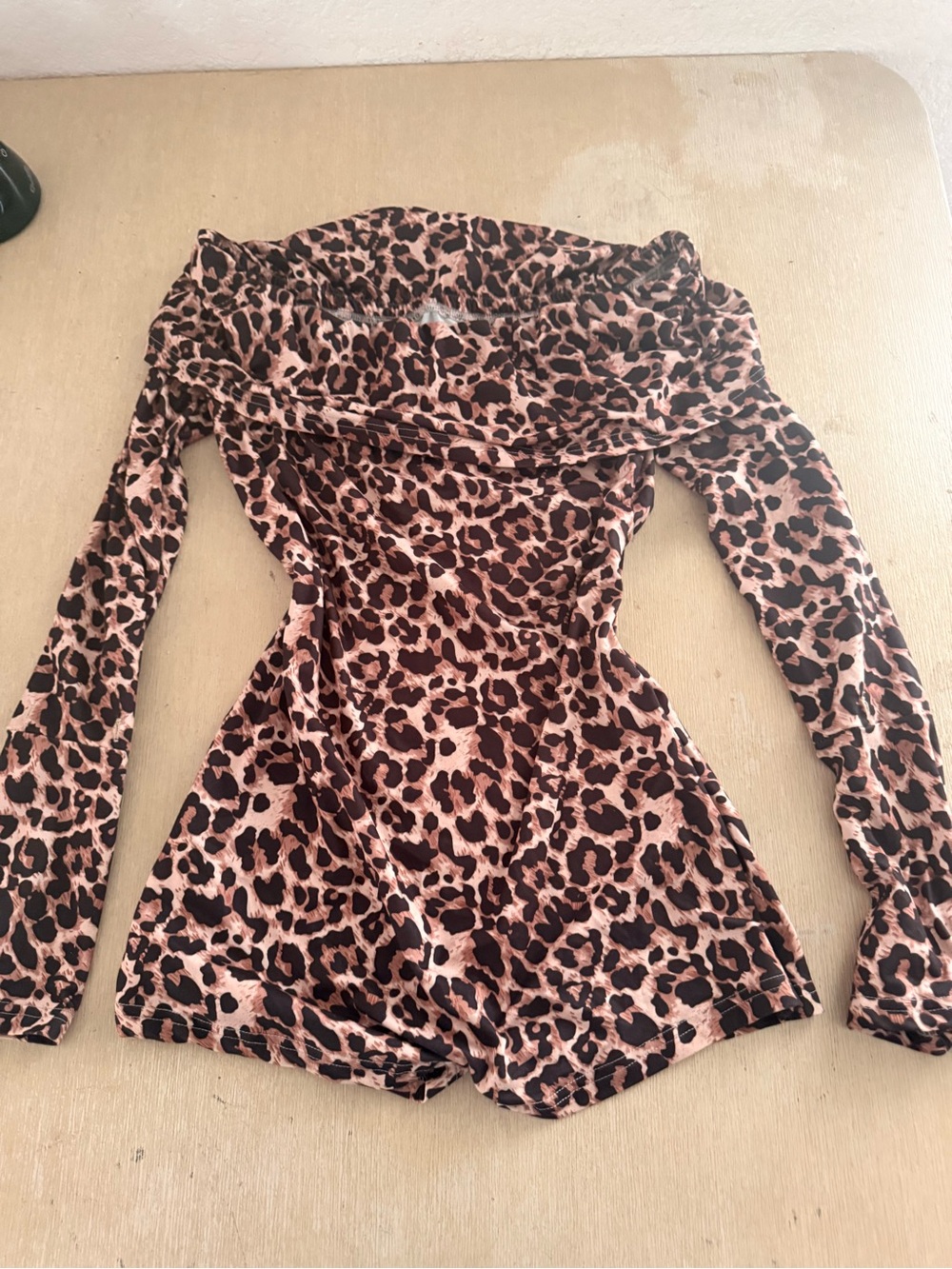 Leopard Print Off-Shoulder Long Sleeve Bodysuit Romper - Pink/Brown
